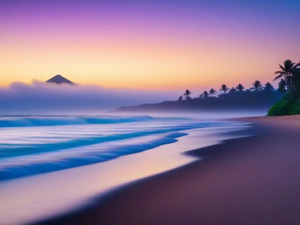 Playa virgen al amanecer con olas suaves y vegetación natural, reflejando calma y pureza ambiental