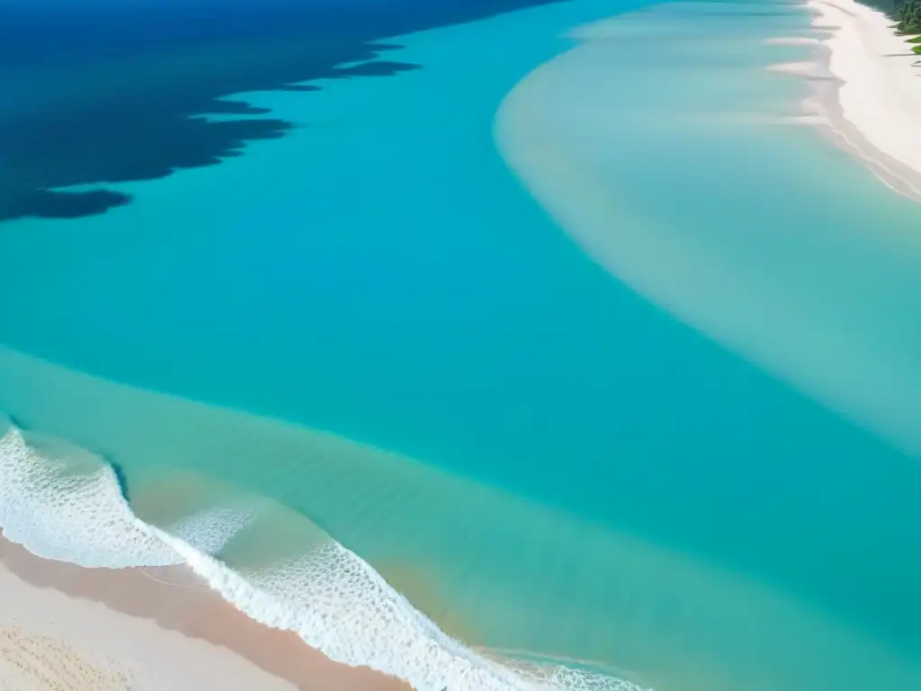 Playa paradisíaca con aguas turquesa cristalinas, arena blanca y una palmera solitaria proyectando una sombra perfecta