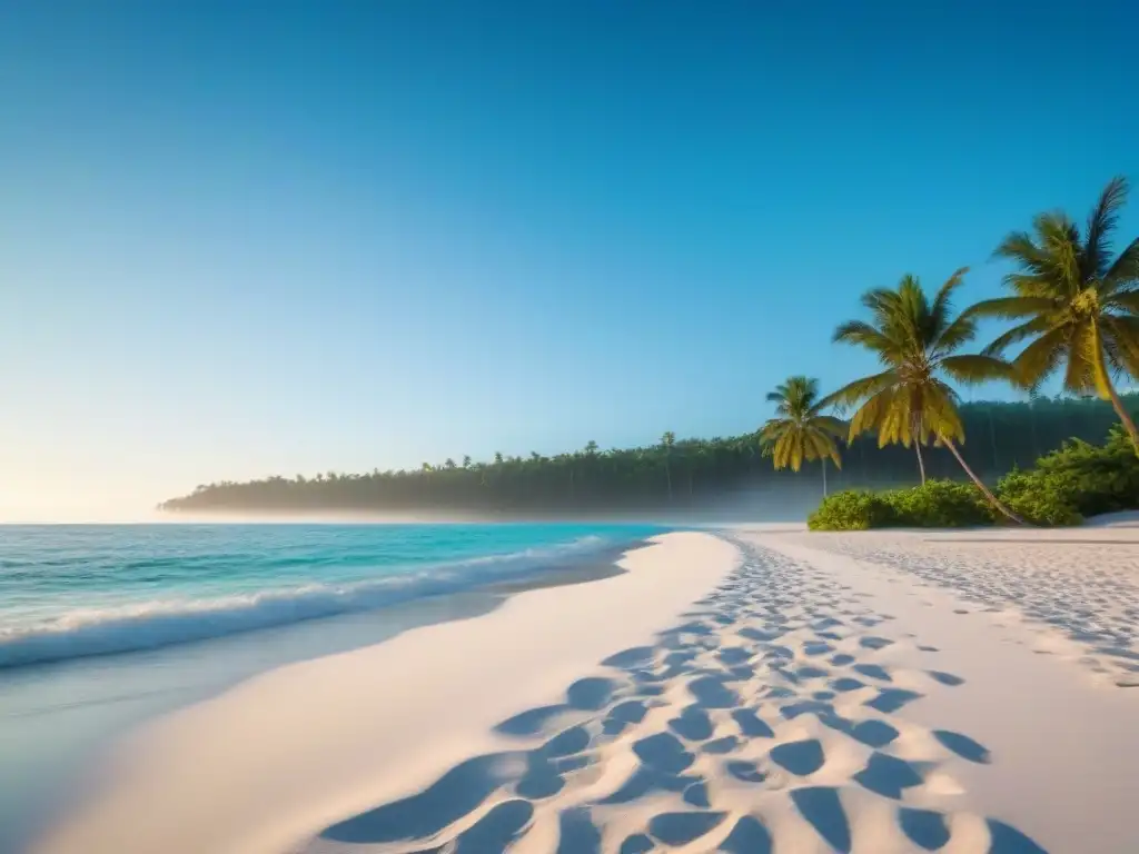 Playa paradisíaca con aguas turquesas cristalinas, palmeras verdes y cielo azul