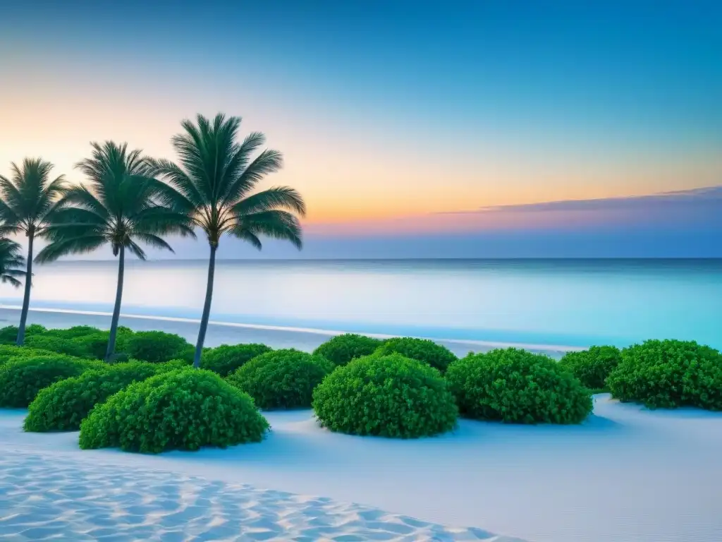 Playa paradisíaca al atardecer con aguas turquesas, arena blanca y palmeras