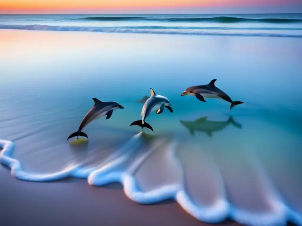 Playa prístina al amanecer, aguas cristalinas, delfines lejanos