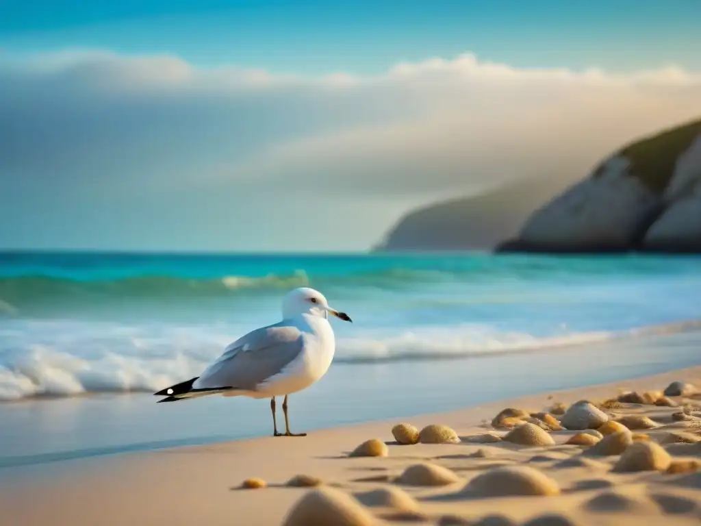 Playa prístina con aguas turquesa cristalinas, arena dorada y una gaviota blanca volando