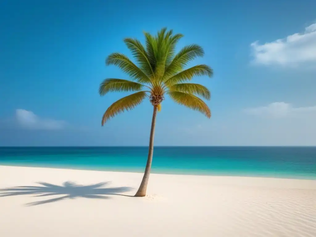 Playa serena con aguas cristalinas, arena blanca y una palmera