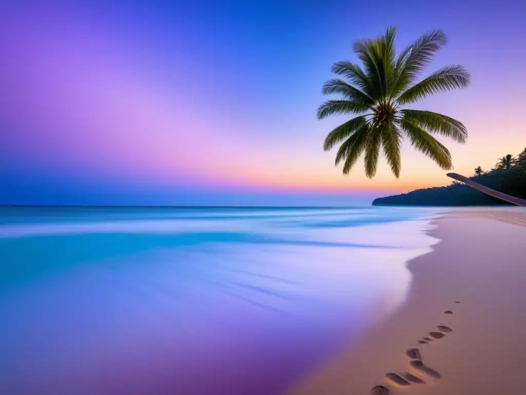 Playa serena al amanecer con aguas cristalinas, una palmera solitaria y cielo pastel