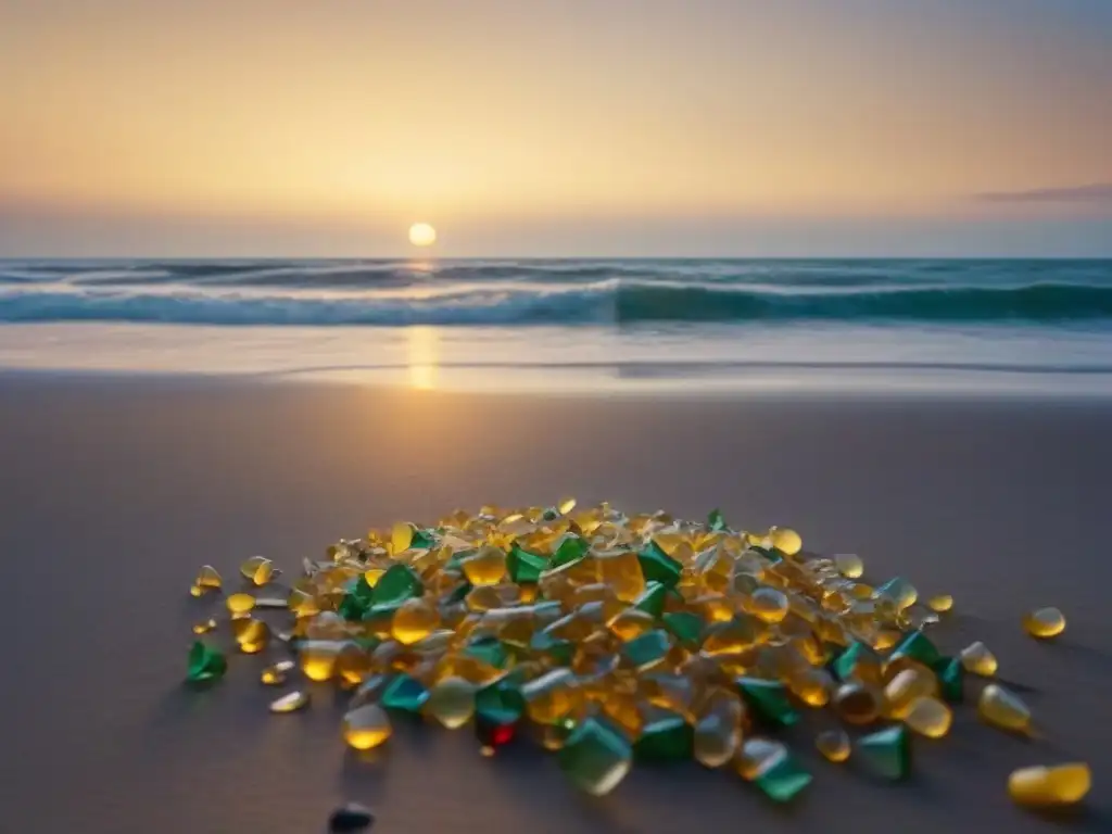 Atardecer sereno en playa: acción ambiental urgente Una playa serena al atardecer con olas reflejando el cielo dorado