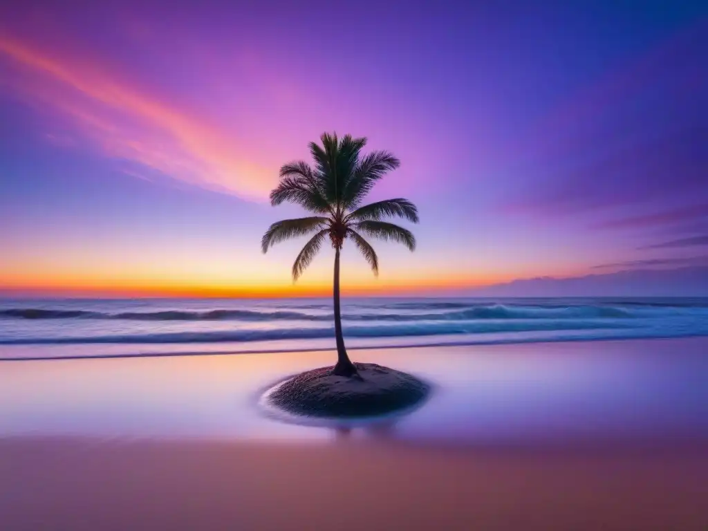 Playa serena al atardecer con palmera, reflejos de colores y seashells