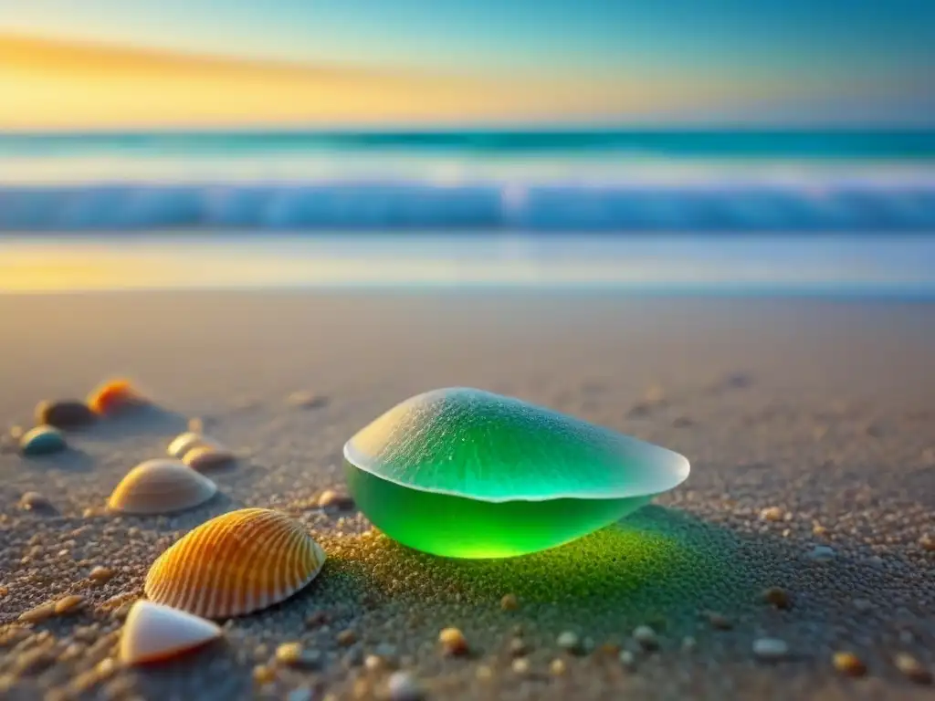 Playa virgen al amanecer: belleza y sostenibilidad Playa serena al amanecer con conchas y vidrio marino, transmitiendo la belleza de la limpieza de playas sostenible