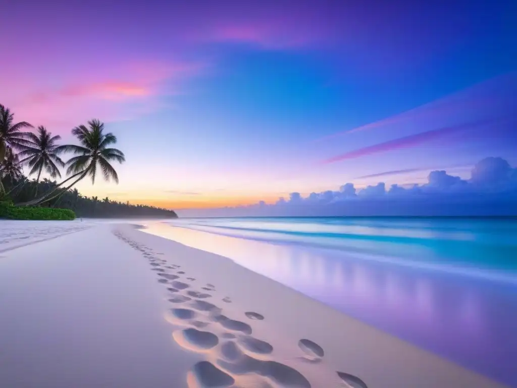 Playa tropical al atardecer con aguas cristalinas y bosque verde, protección solar eco