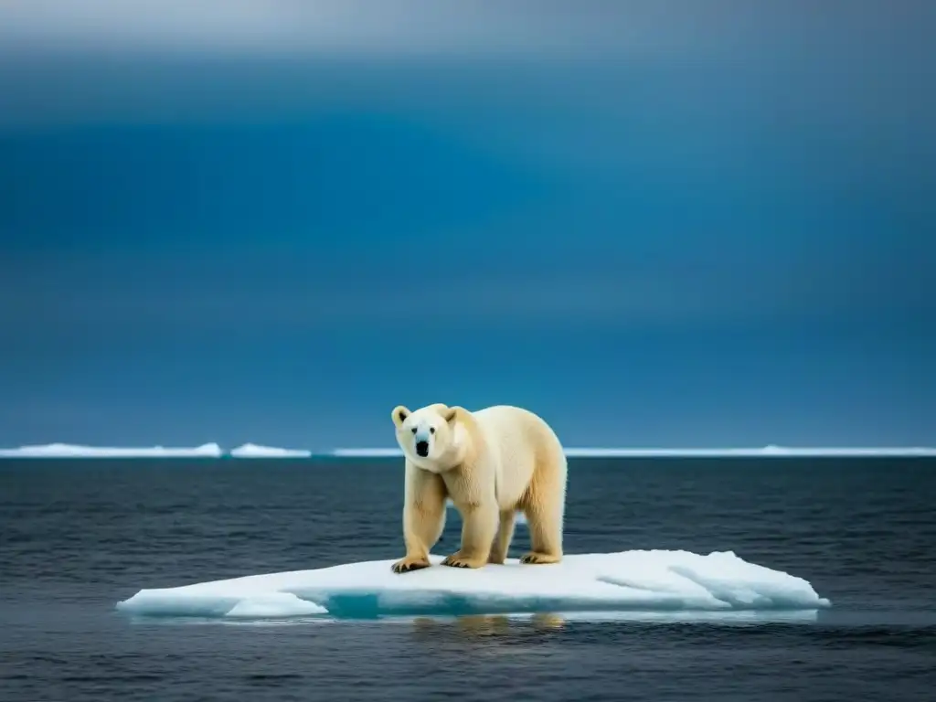 Polar bear en iceberg derretido del Ártico, expresión triste