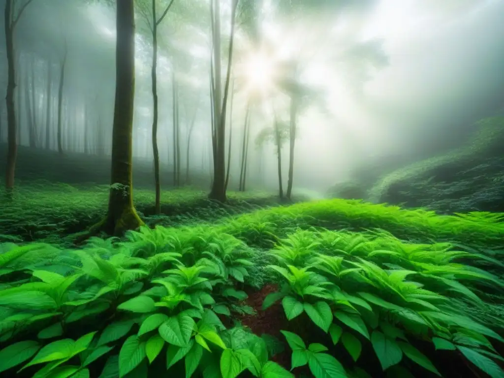 Implementar políticas residuos países desarrollo: Bosque verde exuberante con luz solar entre hojas resalta la importancia de la sostenibilidad