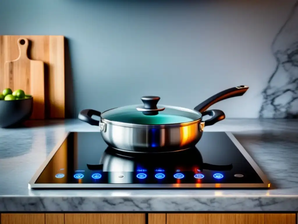 Potente cocina de inducción moderna con agua hirviendo, en elegante cocina minimalista