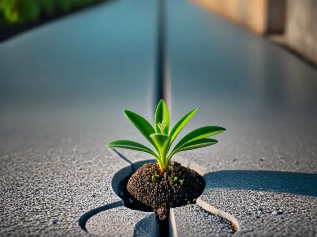 Un potente símbolo de resiliencia: planta verde brotando en concreto