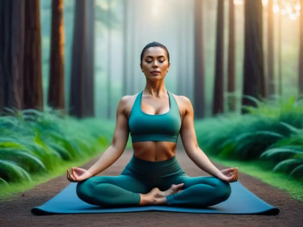 Practicante de yoga en un bosque verde, en conexión con la naturaleza