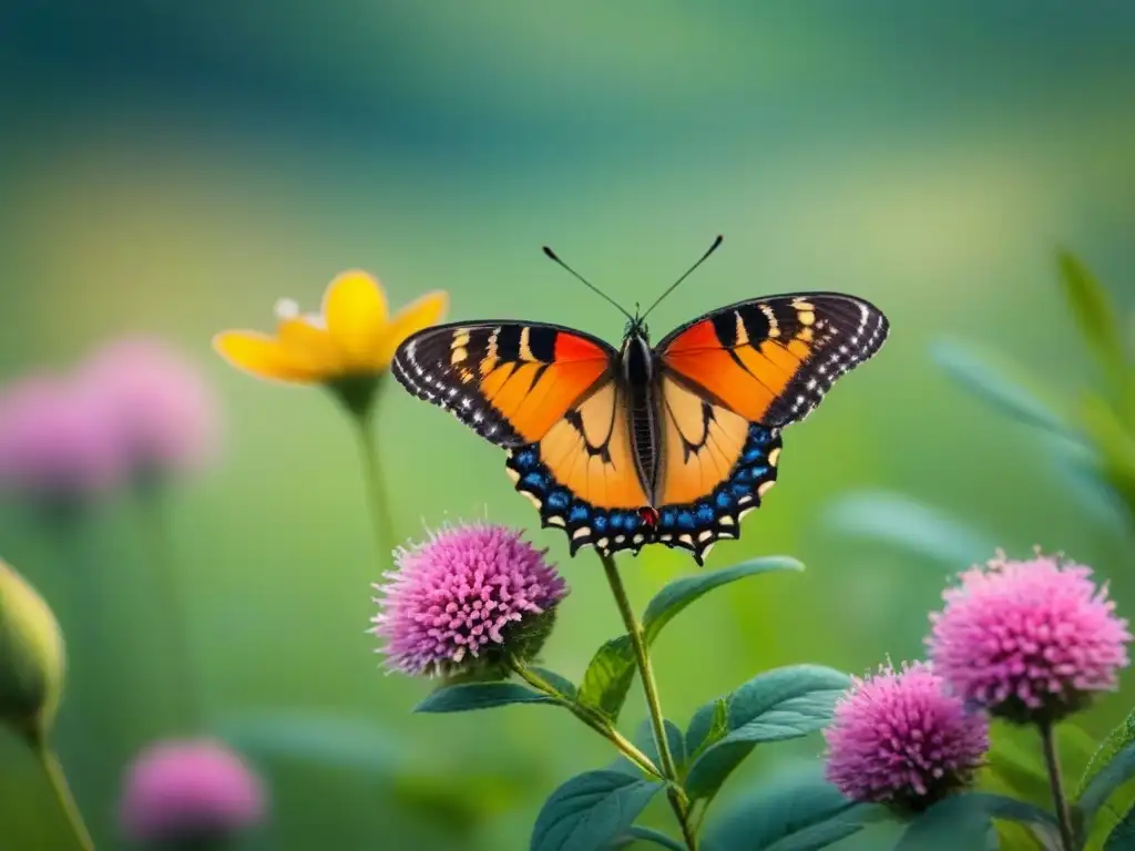 Un prado colorido con flores silvestres y una mariposa, destacando la biodiversidad y la importancia de reducir residuos en la industria de la belleza