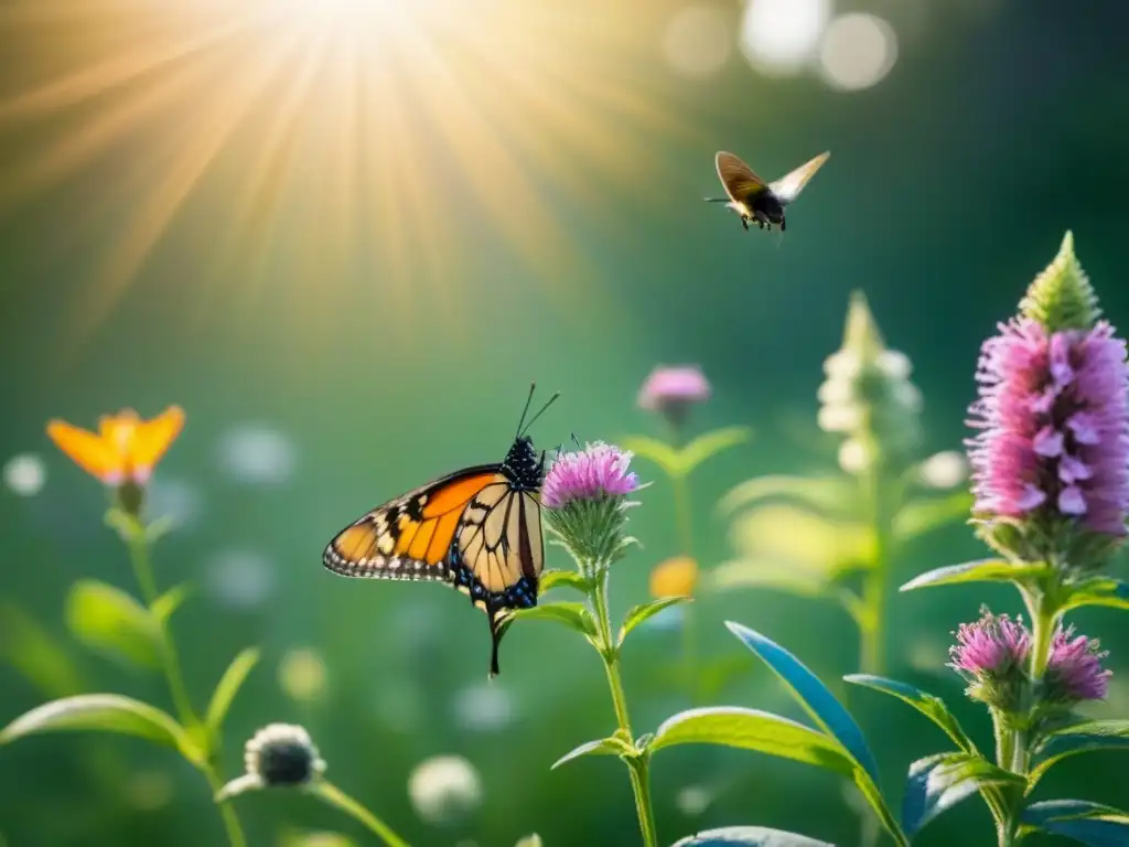 Un prado vibrante lleno de flores silvestres, mariposas, abejas y colibríes