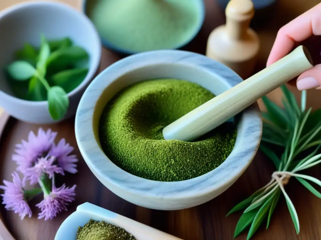 Preparación de recetas de cosmética verde casera: moliendo hierbas y flores en un mortero de mármol y un mortero de madera