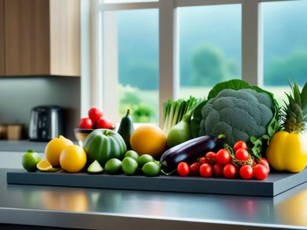 Una presentación armoniosa de frutas y verduras frescas en una cocina moderna, simbolizando la dieta sostenible alimentos procesados