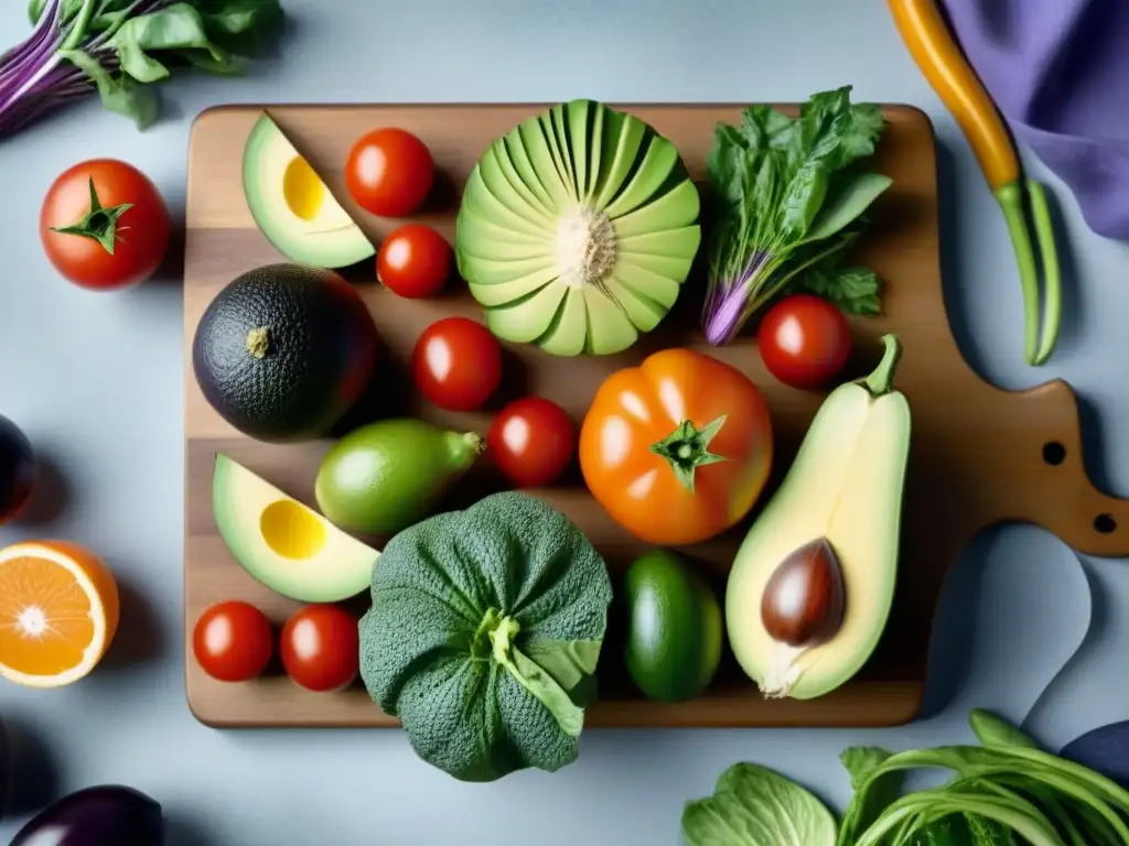 Una presentación elegante de frutas y verduras frescas en tabla de madera