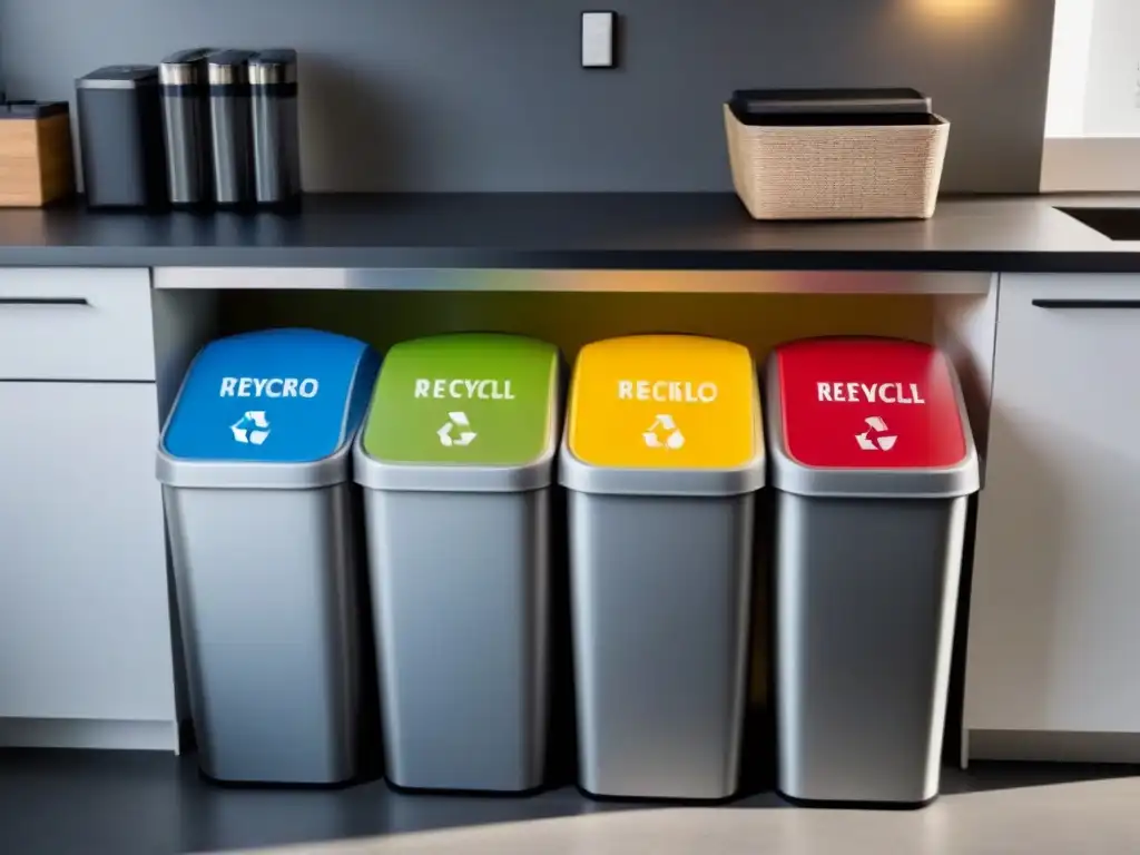 Principios Zero Waste en Casa: Botes de reciclaje organizados por material en una cocina moderna y luminosa