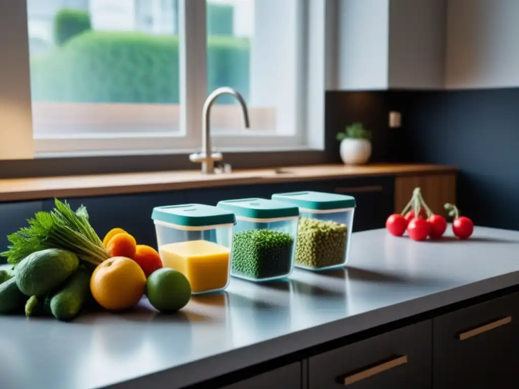 Principios Zero Waste en Casa: Cocina moderna con frutas y verduras en envases reutilizables, organizados y coloridos