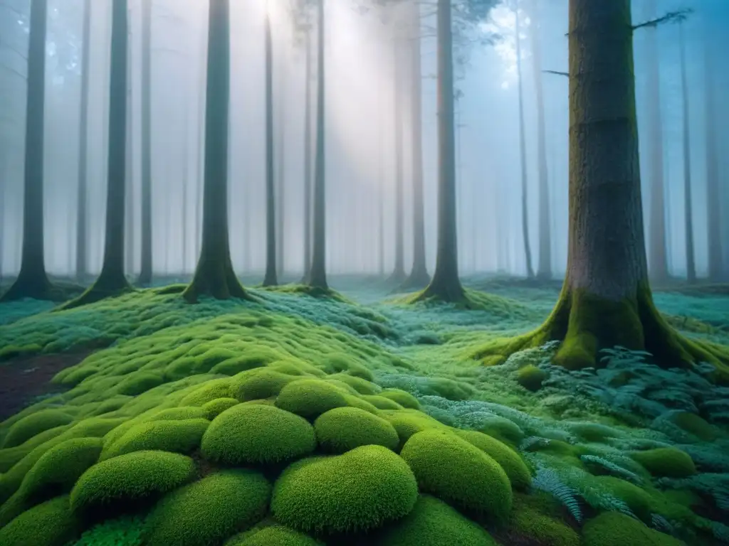 Bosque prístino con árboles verdes altos, cielo azul y musgo vibrante