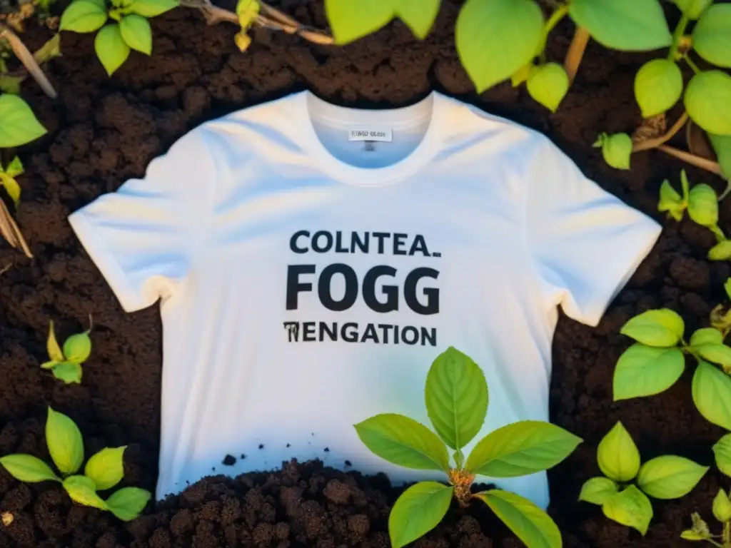 Biodegradación de camiseta blanca en compost: proceso natural detallado Proceso natural de biodegradación de una camiseta de algodón blanco en un compost, resaltando la importancia de la biodegradabilidad en moda