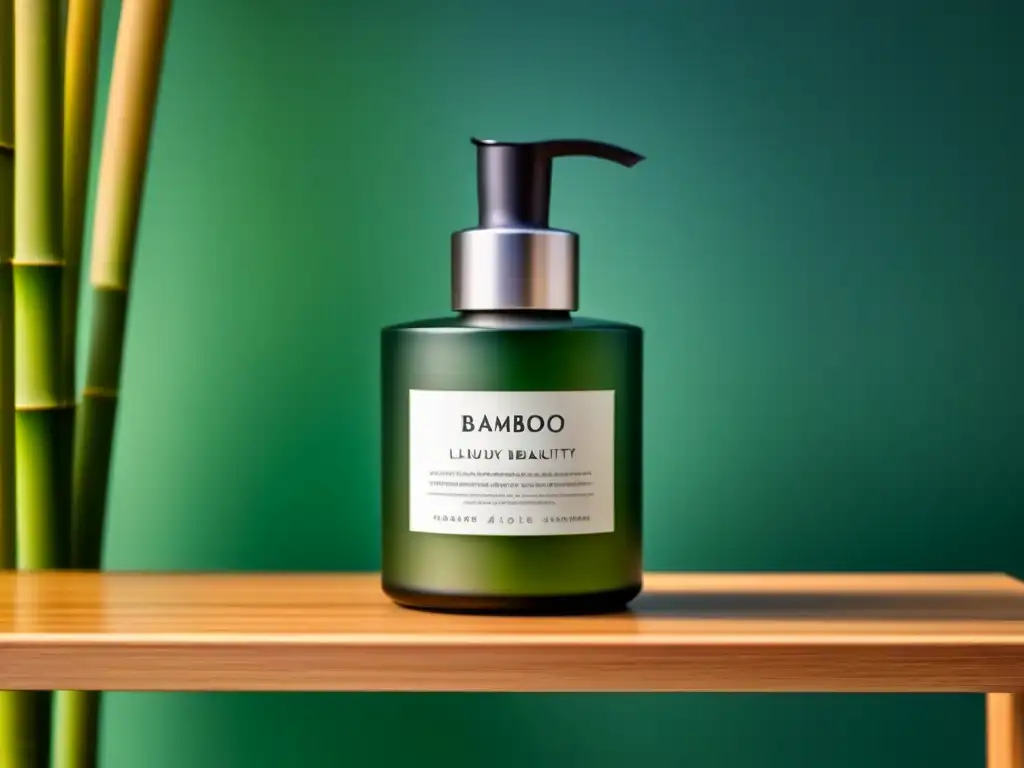 Producto de belleza ecológico en elegante envase sobre estante de bambú sostenible, transmitiendo sofisticación y conciencia eco