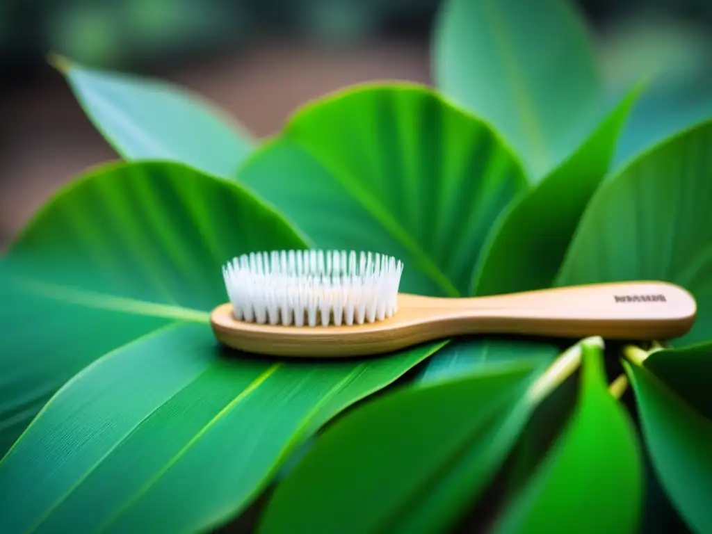 Producto de cuidado personal zero waste: elegante cepillo de dientes con mango de bambú sobre hojas verdes vibrantes y envase ecológico reciclado