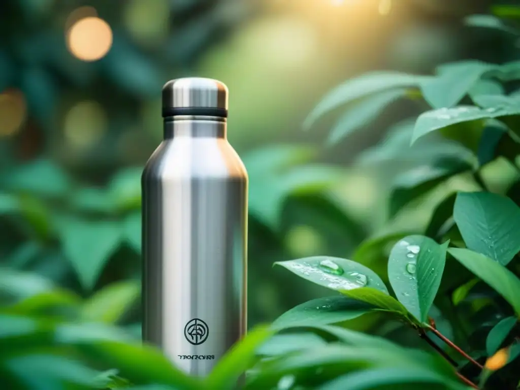 Producto sostenible para vida zero waste: Botella de acero inoxidable con logo eco en entorno natural