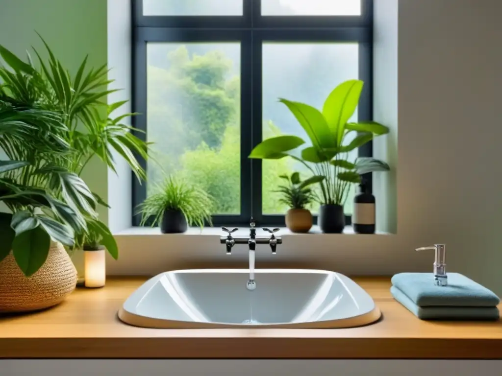 Productos de baño sostenible impacto ambiental: Baño sereno con productos modernos y ecológicos, iluminado por luz natural con plantas verdes