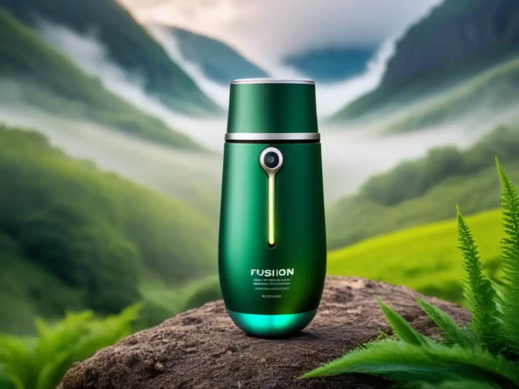 Productos belleza ecológicos tecnología: Dispositivo futurista de belleza en entorno natural, fusión de tecnología y naturaleza