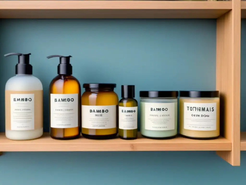 Productos cuidado personal zero waste en un estante de baño minimalista y sereno