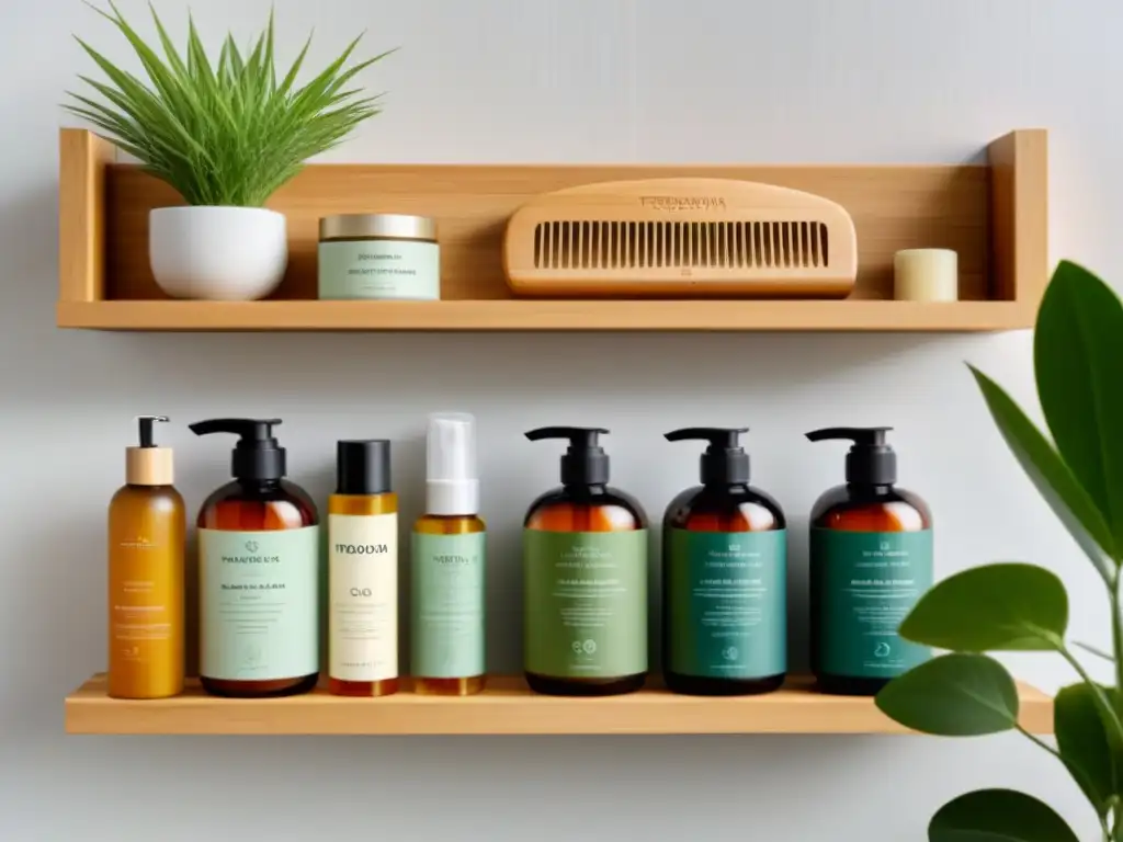 Productos eco amigables y naturales para cabello en estante de baño minimalista