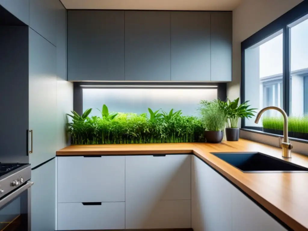 Productos ecológicos innovadores para hogar: Cocina moderna con acabados sostenibles y jardín vertical luminoso