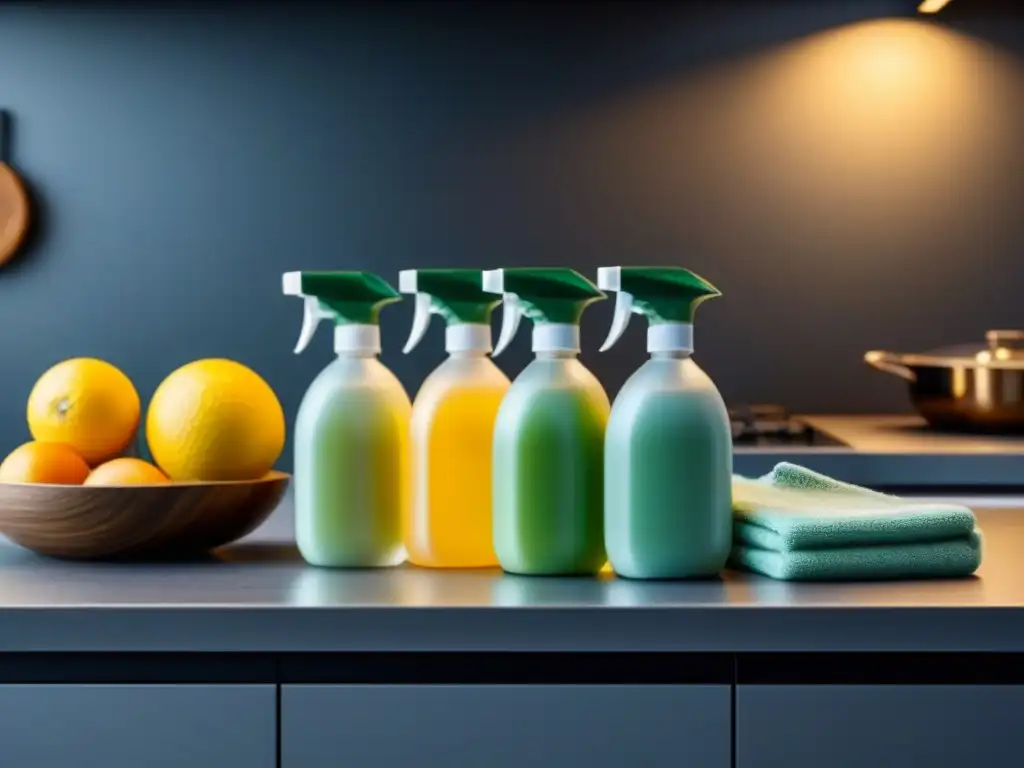 Ecofriendly y moderno: productos de limpieza seguros para tu hogar Productos ecológicos sin químicos nocivos adornan una cocina moderna y brillante