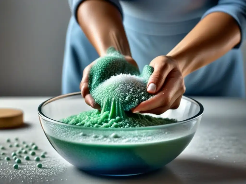 Fabricación de productos de limpieza ecológicos: Manos mezclando ingredientes naturales en un recipiente de vidrio transparente sobre fondo blanco