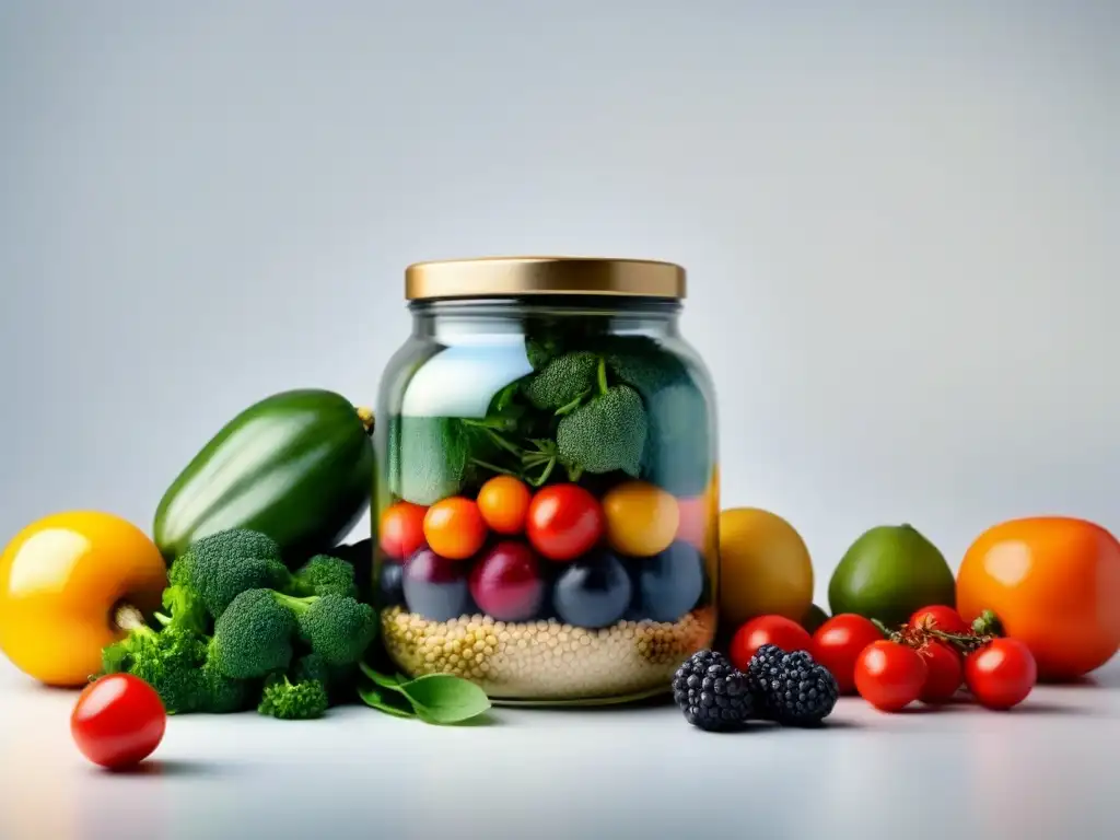 Productos sostenibles para vida zero waste: Frutas y verduras frescas en frascos de vidrio transparente