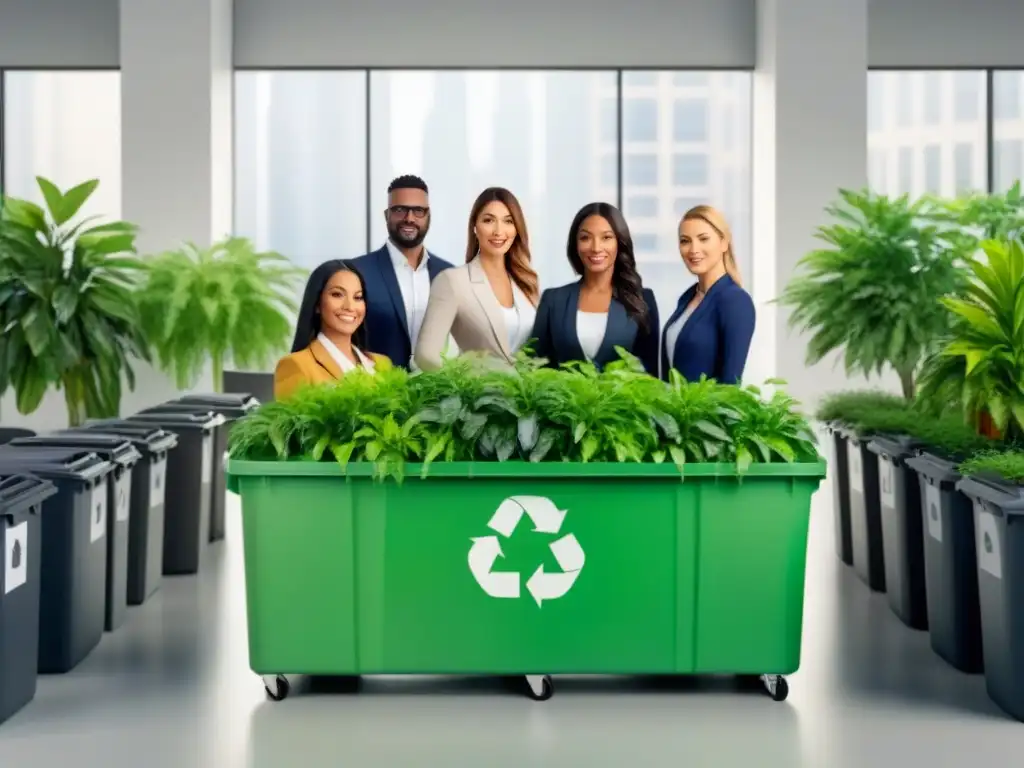 Profesionales diversos en una oficina moderna colaborando en soluciones de reciclaje empresarial para un mundo sostenible