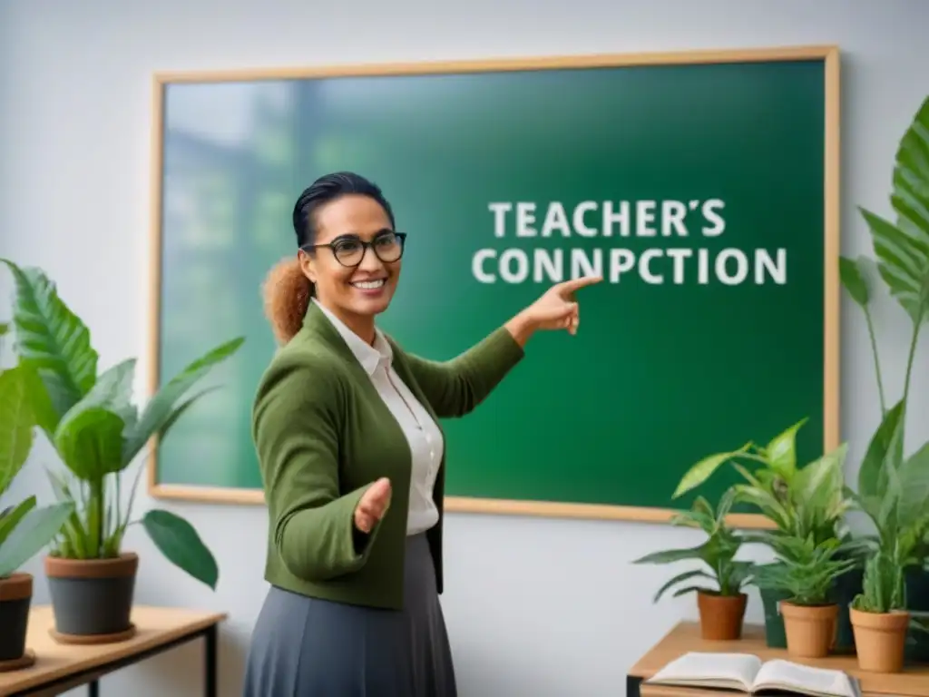 Una profesora enseñando integración sostenibilidad currículo escolar en un aula verde y acogedora, rodeada de plantas y materiales ecofriendly