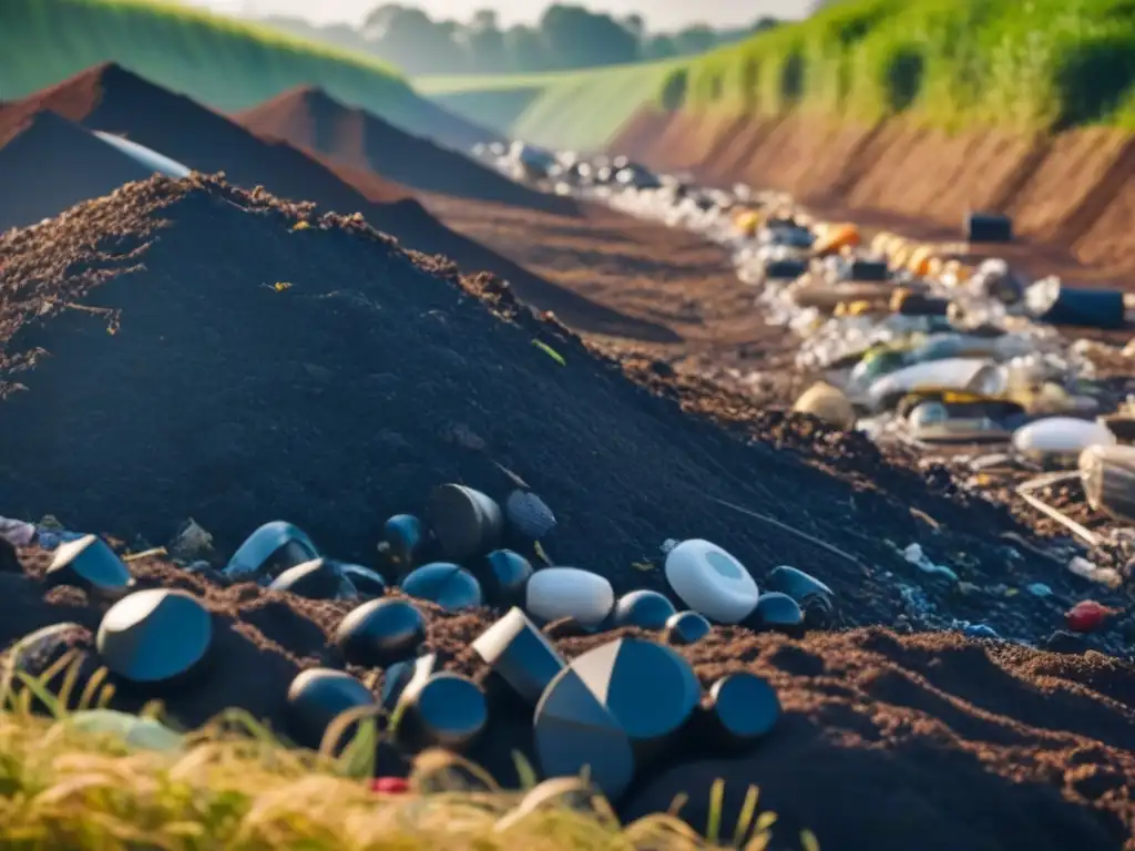 Profunda reflexión sobre plástico biodegradable y sostenibilidad en un vertedero iluminado