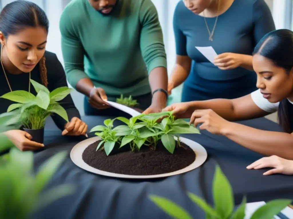 Un programa educativo sostenible efectivo: estudiantes colaborando en taller de sostenibilidad rodeados de plantas y materiales ecofriendly