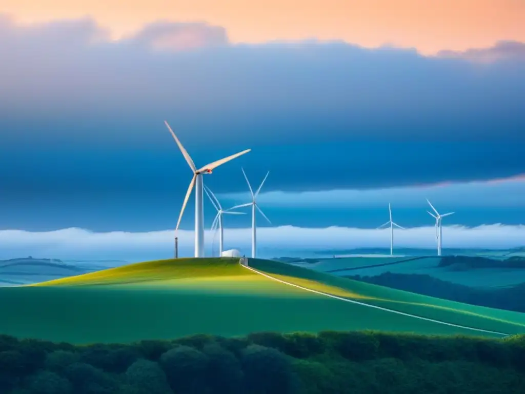 Una propiedad residencial con una elegante instalación de turbina eólica integrada en el paisaje, simbolizando energía limpia y sostenibilidad