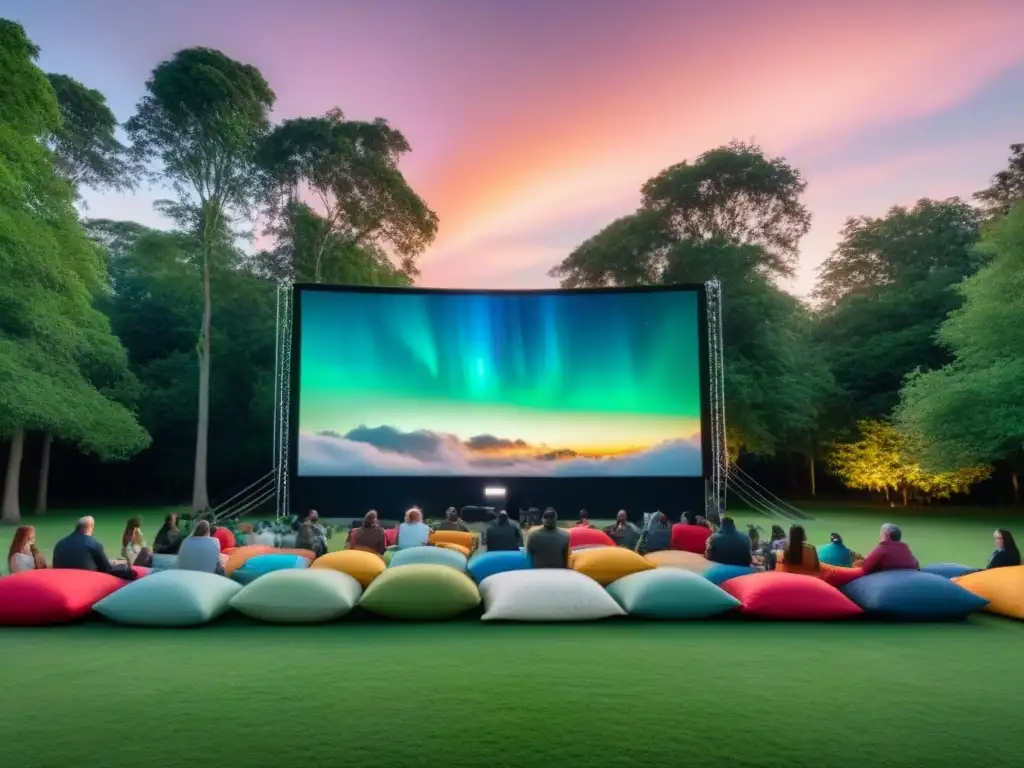 Una proyección de cine al aire libre sostenible con la Tierra y clima, público diverso bajo las estrellas