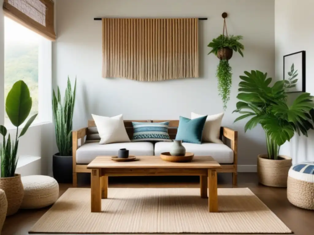 Proyectos decorativos sostenibles hogar: Sala minimalista con muebles reciclados, mesa de madera y sofá de palets