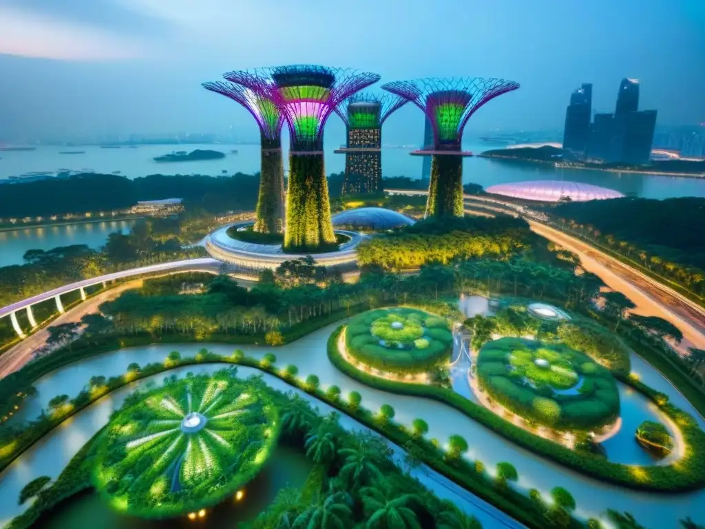 Proyectos urbanismo verde sostenible: Vista aérea de los icónicos Supertrees en Gardens by the Bay, Singapur, iluminados al anochecer