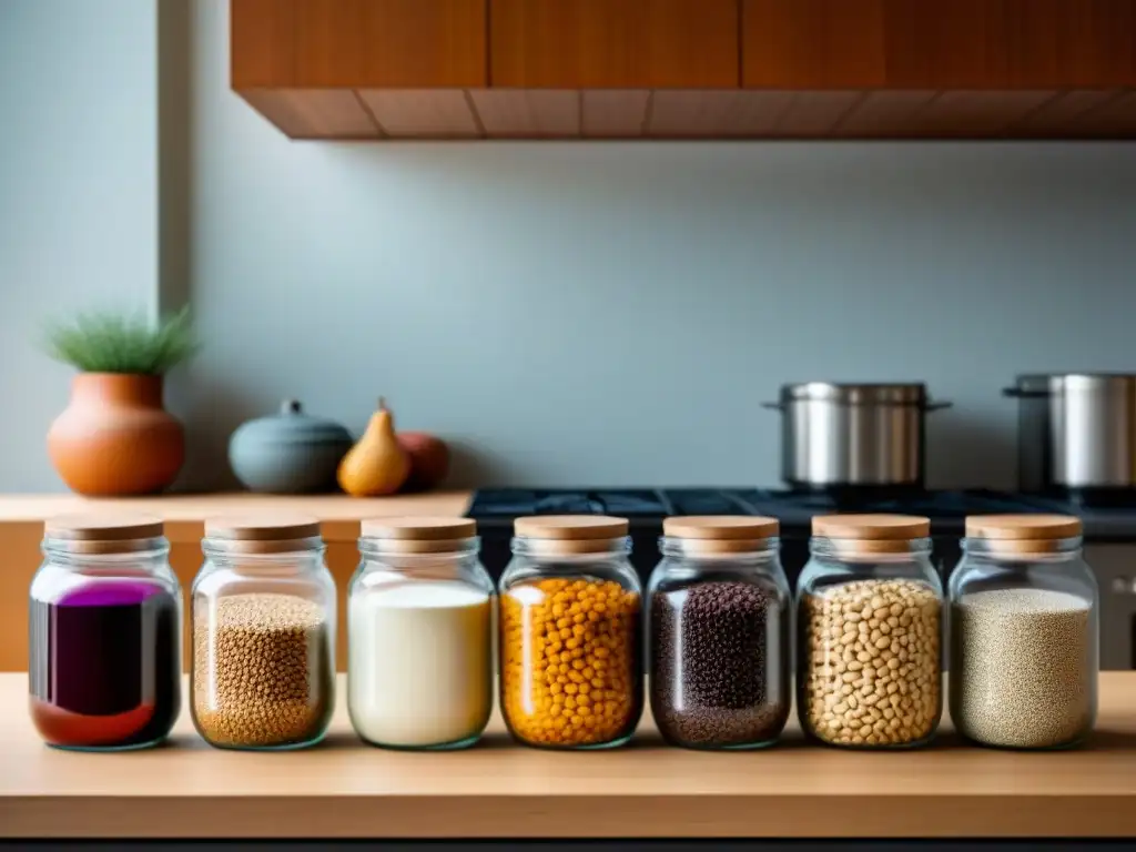 Proyectos zero waste en casa: Cocina minimalista con frascos de alimentos a granel ordenados en la encimera