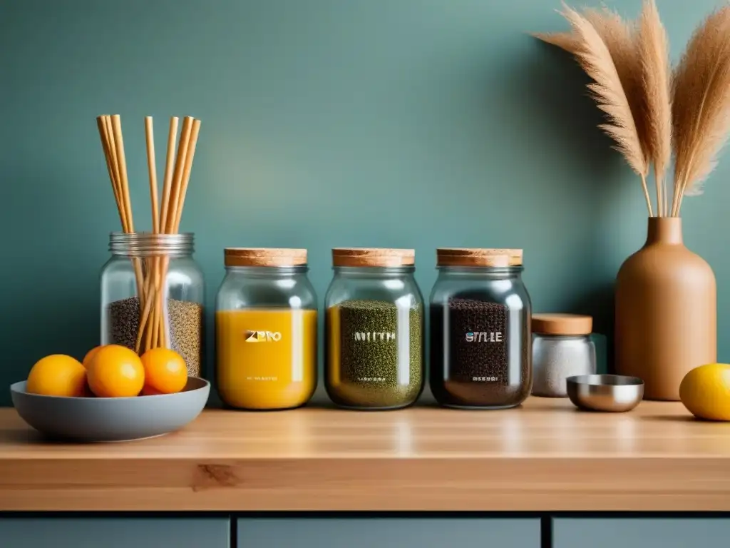 Proyectos zero waste en casa: Cocina minimalista con elementos ecológicos y reutilizables, iluminada suavemente