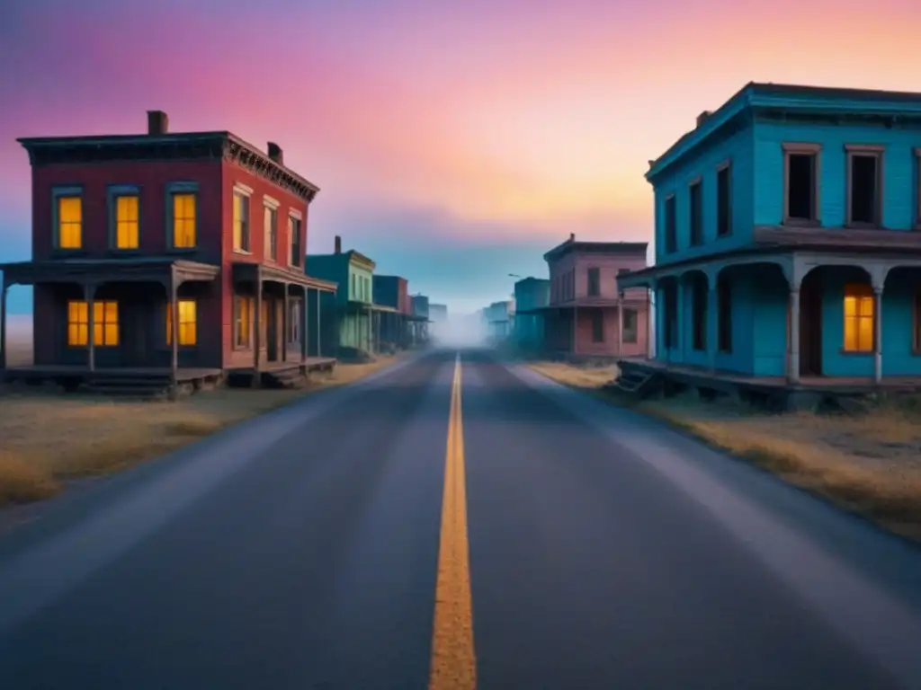 Un pueblo fantasma al atardecer, con edificios abandonados ante un cielo colorido