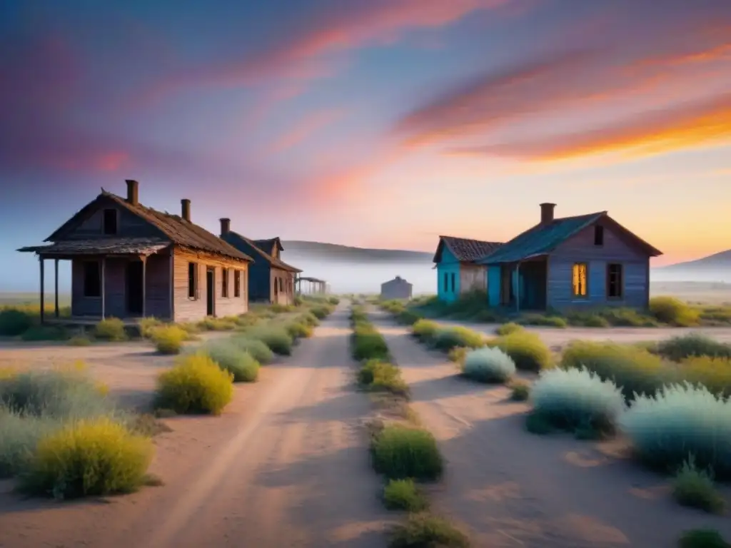 Un pueblo fantasma al atardecer, con edificios en ruinas y un cielo vibrante