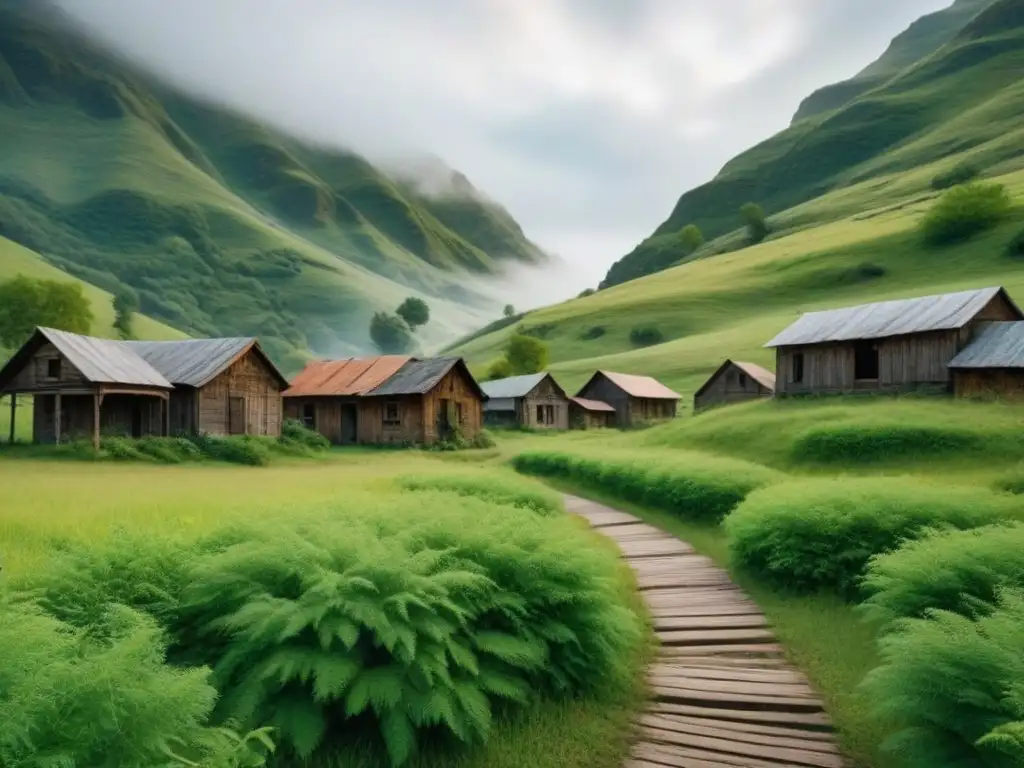 Un pueblo fantasma rodeado de exuberante naturaleza, reflejando la belleza del turismo sostenible